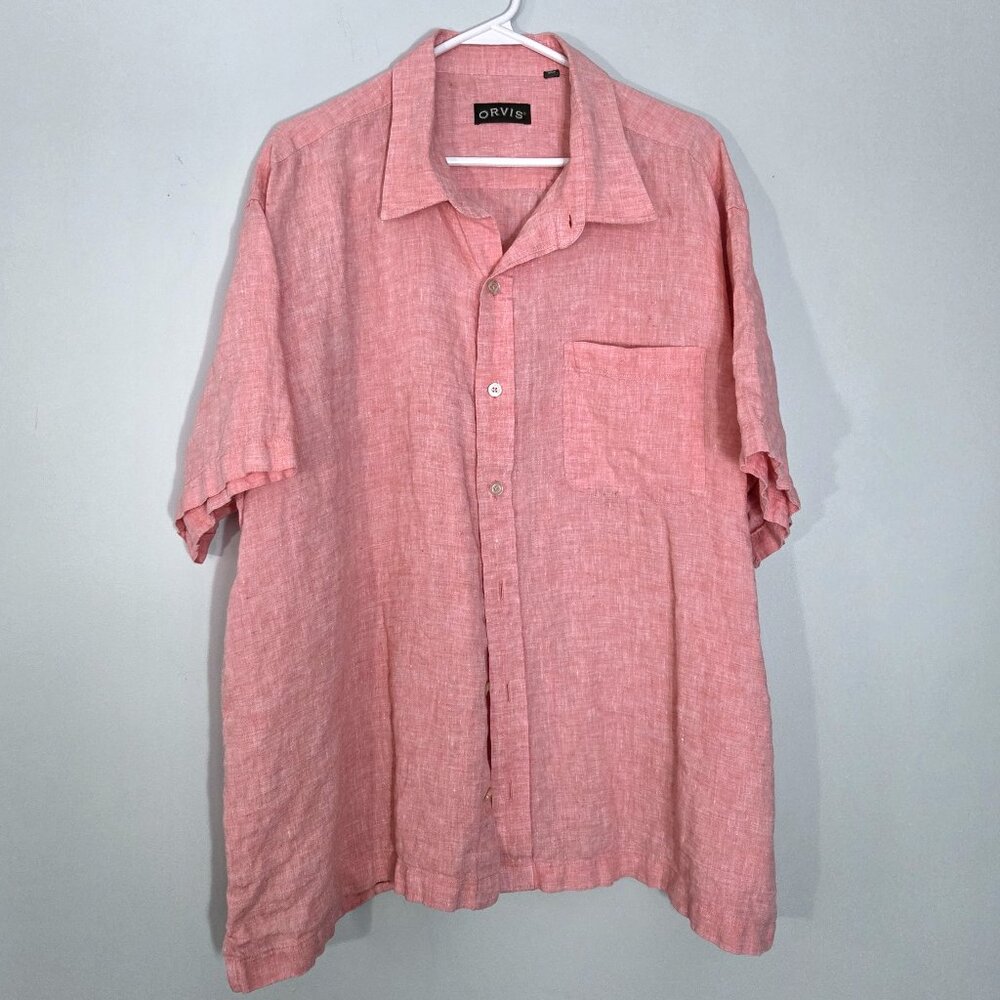 Orvis Linen Short Sleeve Orange Button Down Shirt Size XXL